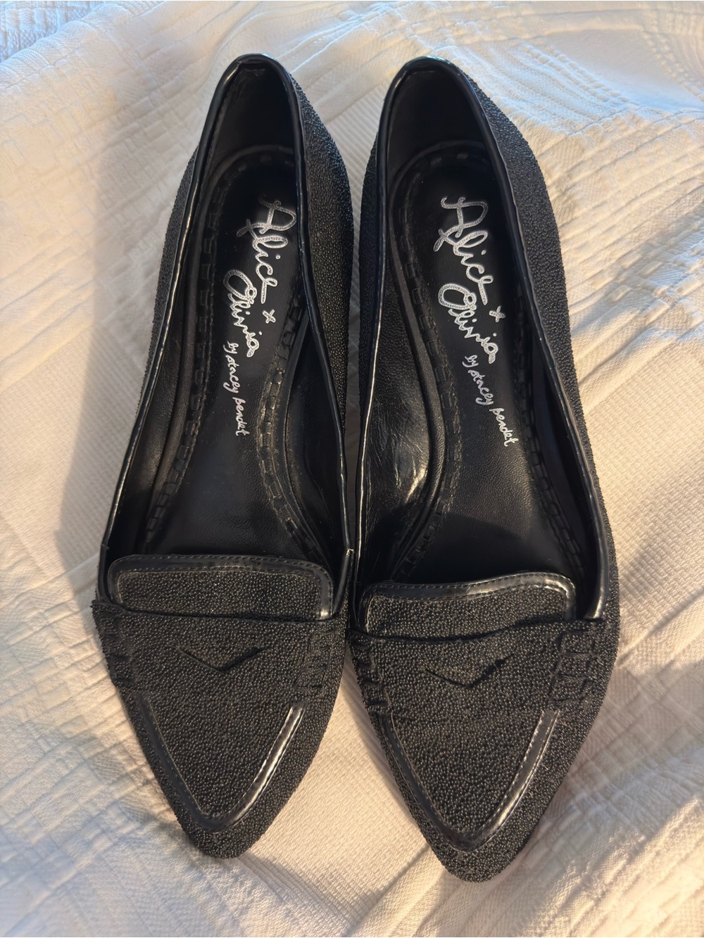 Alice + Olivia Black Textured Pointed Loafers
